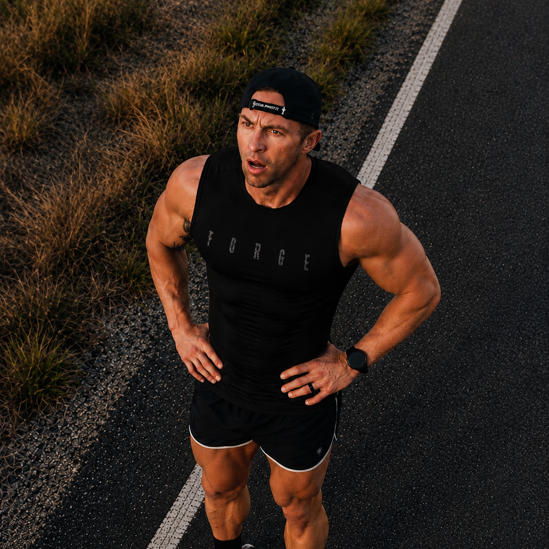 A muscular man wearing a black sleeveless athletic tank top with 'FORCE' printed on the chest, black shorts, and bright pink running shoes, standing on an asphalt road with dry grass on the side.
